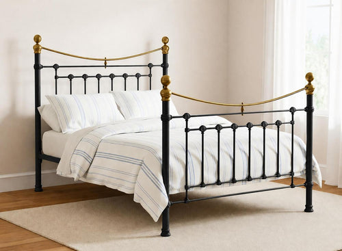 Double Victoria Metal Bed Frame in Jet Black with brass finials and rails.