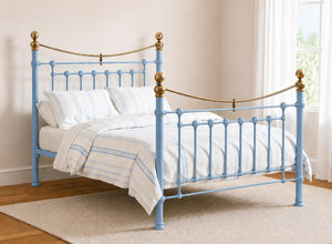 Double Victoria Metal Bed Frame in Pastel Blue with brass accents.