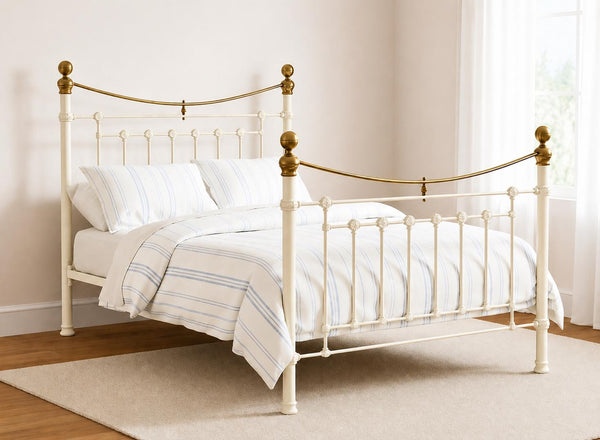 Victoria Double Cream Matt Metal Bed Frame with brass accents.