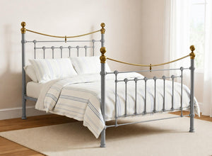 Double Victoria Metal Bed Frame in Dust Grey with brass finials.