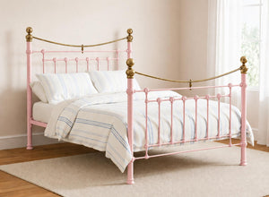Victoria Double Light Pink Metal Bed Frame with brass accents and elegant Victorian design.