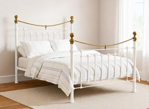 Double Victoria Metal Bed Frame in Stone White with brass accents.