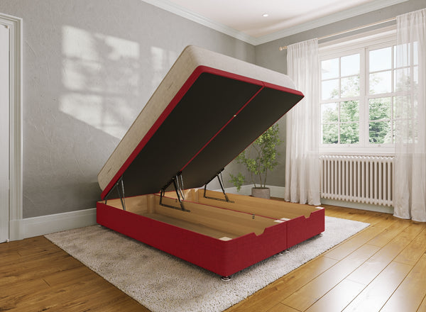 King Ottoman Bed - End Lift in Faux Linen Red